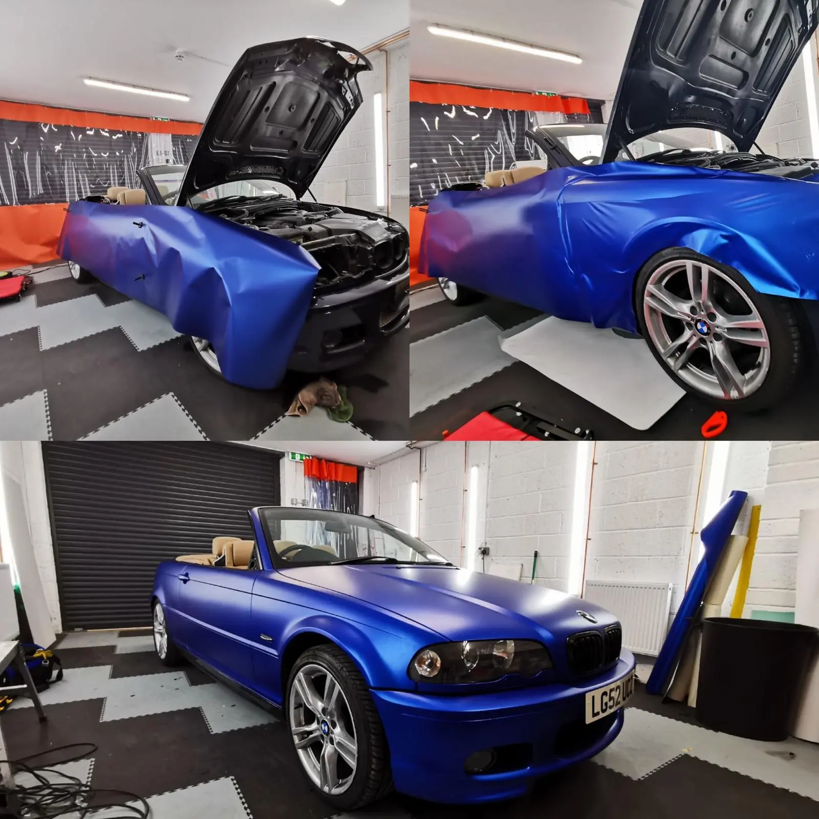 Process of applying a blue vinyl wrap to a convertible car.